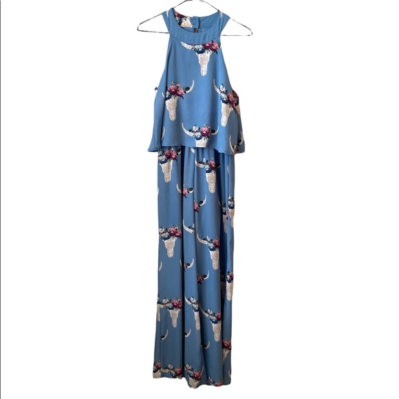 ALTAR’D STATE BLUE PRINT, HIGH NECK, TWO-LAYER FLOWY SLEEVELESS JUMPSUIT, SIZE S - Picture 1 of 7